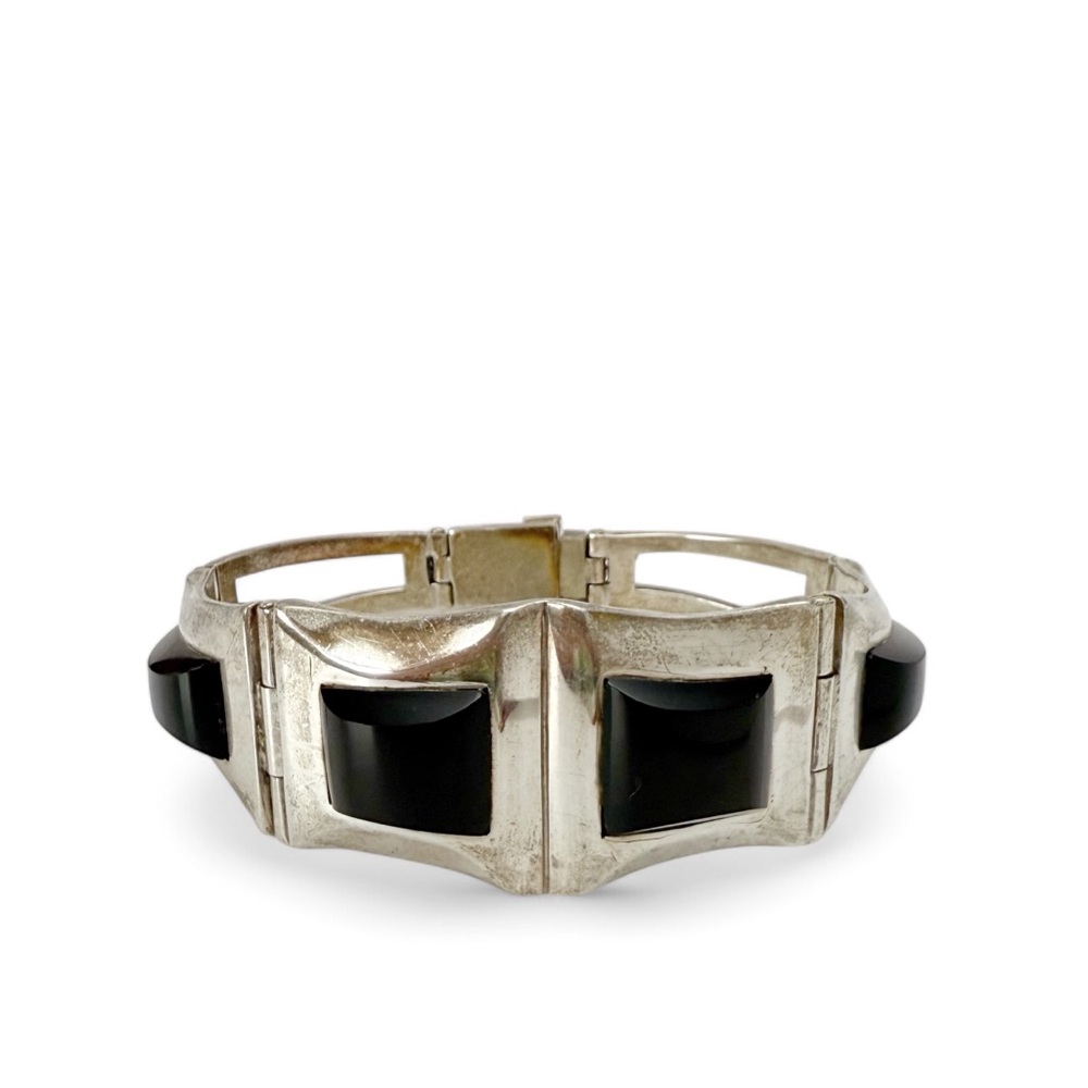 Vintage Modernist 950 Sterling Silver Onyx Geometric Panel Bracelet Mexico Taxco
